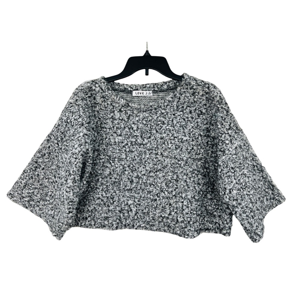 Love J Cropped Boucle Sweater Size XL Gray Black Wide Sleeve Oversized Cozycore